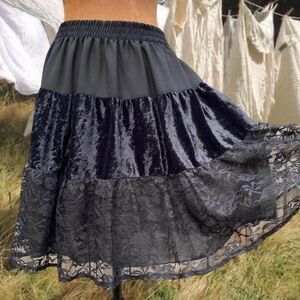 Whimsigoth Grunge Goth Festival Black Velvet Lace Coquette Girly Midi Skirt